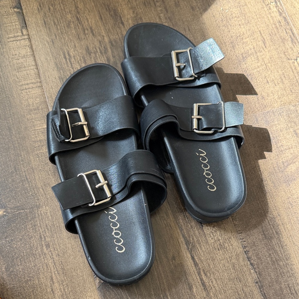Women’s Black Double-Buckle Slide Sandals